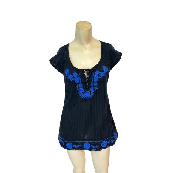 Free People Black & Blue Embroidered Boho Top Size 4 6 - Picture 1 of 5